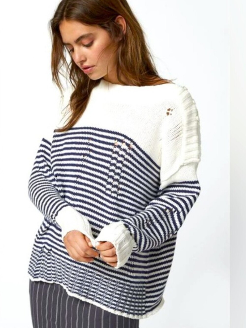 Urban Outfitters BDG Stripe Distressed Sweater Nautical Blue White Buttons Large